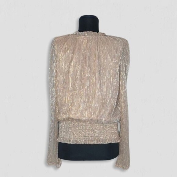 Joie Shimmer Blouse Smocked Waist Long Sleeve Chiffon Silver Gold Metallic Sz L - Picture 2 of 12